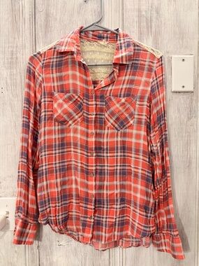 Aeropostale Coral and Blue Plaid Lace-Trim Shirt
